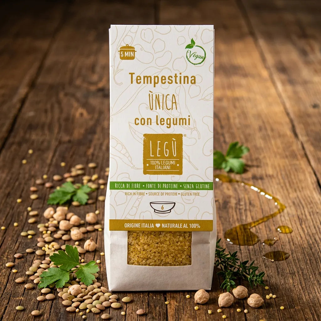 Confezione di Tempestina Unica con Legumi LEGÙ su un tavolo di legno rustico, circondata da lenticchie e ceci. Ricca di fibre, fonte di proteine e senza glutine.