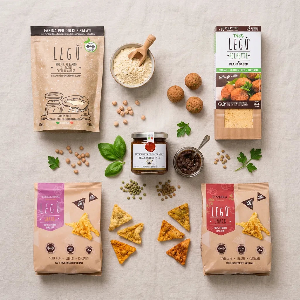 Contenuto kit aperitivo Legù con snack triangoli polpette farina di legumi e patè di olive