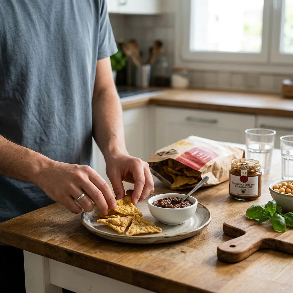 Preparare aperitivo veloce con snack di legumi e patè di olive Legù. Snack sani da condividere per aperitivo