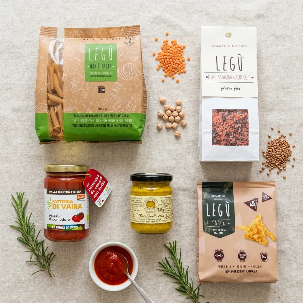 Contenuto kit pranzo smart Legù con pasta di legumi BIO, risone, passata, pesto giallo, e snack