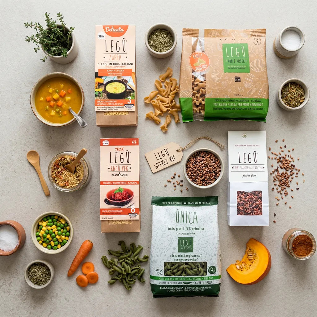 Contenuto del kit settimana smart Legù con pasta, zuppe e mix per pasti sani