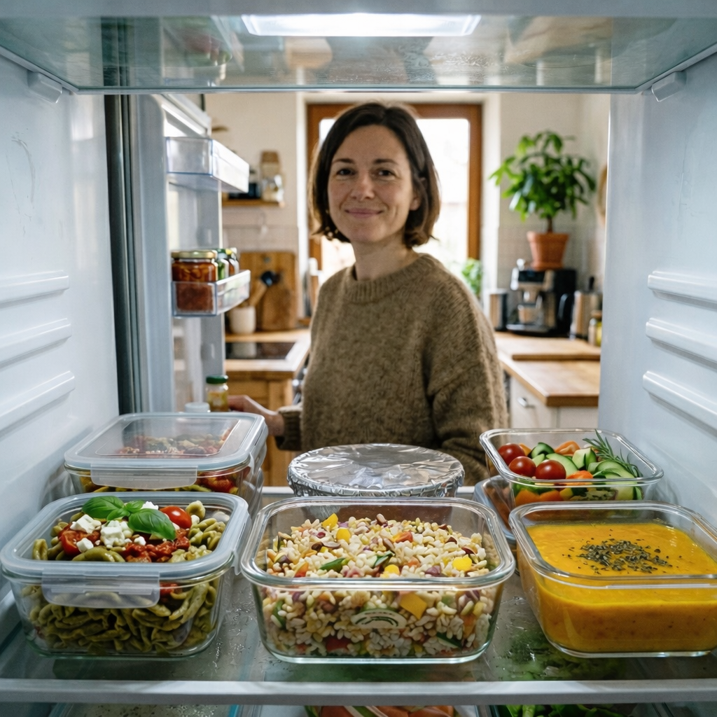 Frigo organizzato con pasti sani pronti per la settimana grazie ai prodotti Legù