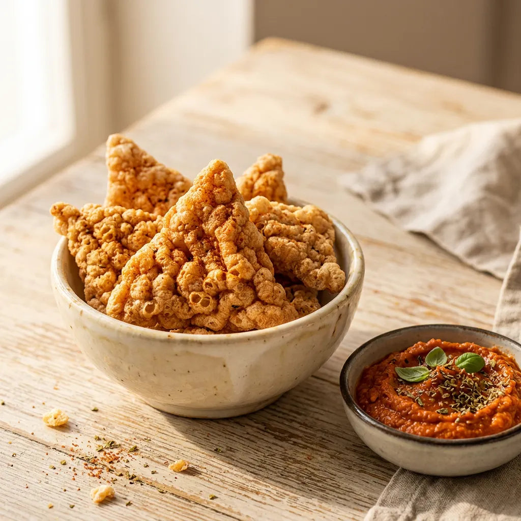 Triangoli Pizzaiola LEGÙ croccanti in ciotola, con salsa di pomodoro e basilico, snack senza glutine e proteine vegetali, su tavolo di legno.