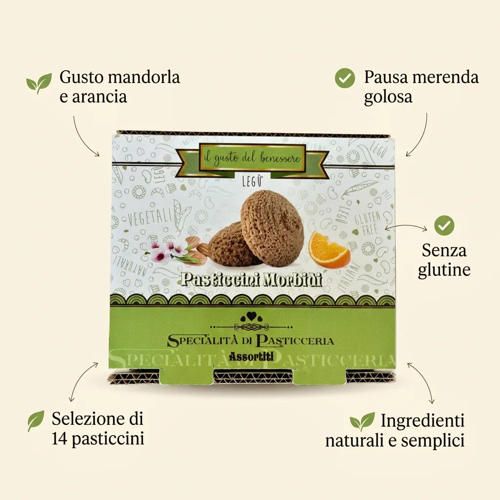 Infografica con confezione di Pasticcini Morbidi LEGÙ al gusto mandorla e arancia, composta da 14 pasticcini, senza glutine e con ingredienti naturali e semplici, per una pausa merenda golosa.