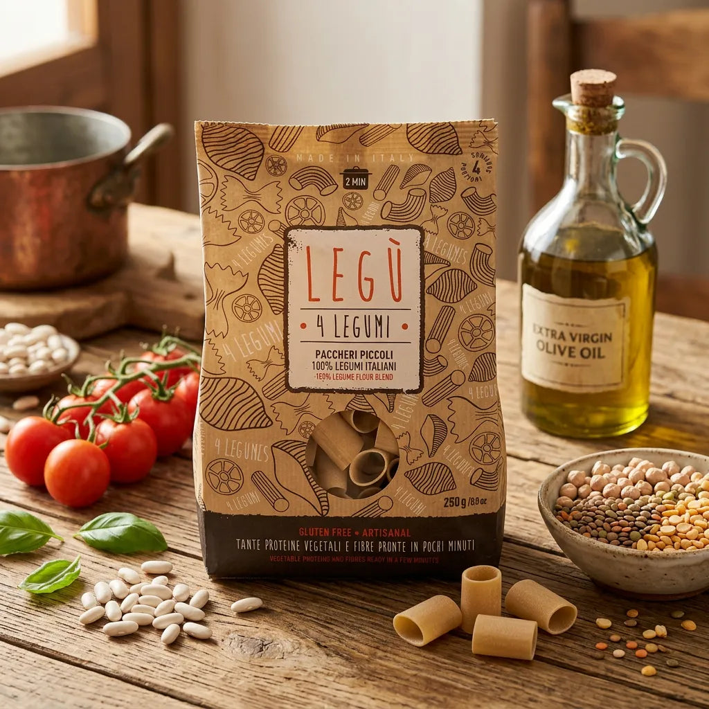 Paccheri Piccoli 4 Legumi LEGÙ su tavolo di legno con pomodori, basilico e fagioli bianchi, prodotto a base di legumi 100% italiani ricco di proteine vegetali e senza glutine, affiancato da una bottiglia di olio d'oliva.