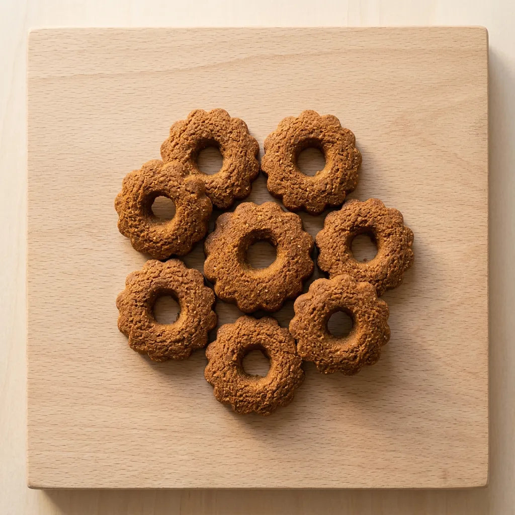 Biscotti di legumi e riso alla cannella LEGÙ disposti su un tagliere di legno, dessert senza glutine e con proteine vegetali.