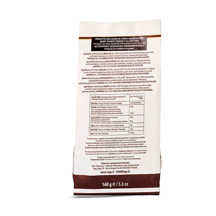 Confezione del biscotto LEGÙ "Pasticcini morbidi alla mandorla" con ingredienti da legumi, senza glutine, ricchi di proteine vegetali.