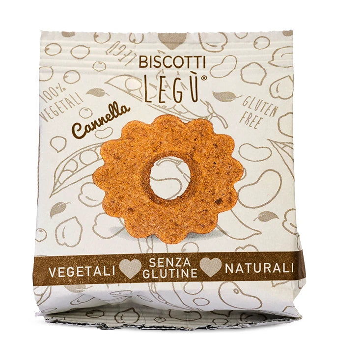 Packaging dei biscotti LEGÙ alla cannella, fatti con legumi e riso. Senza glutine, 100% vegetali e naturali.