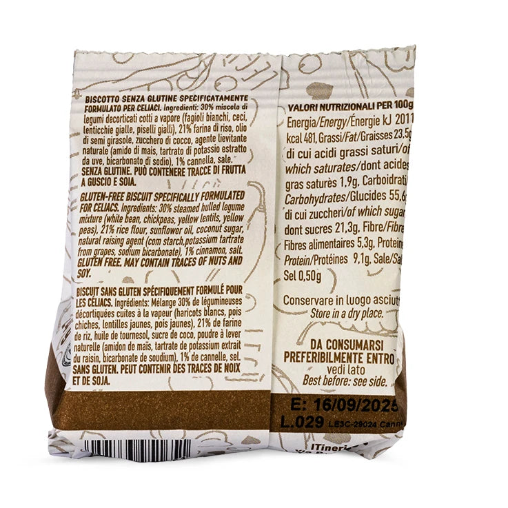 Packaging dei biscotti LEGÙ. Questi biscotti "Legumi e riso alla cannella" sono senza glutine, ricchi di proteine vegetali.