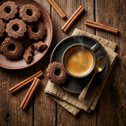 Breakfast with steaming coffee