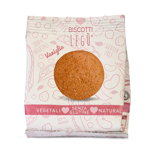 Confezione di biscotti LEGÙ alla vaniglia senza glutine con legumi e proteine vegetali, su sfondo bianco.