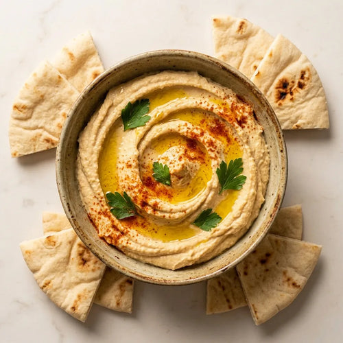Hummus cremoso con pita calda
