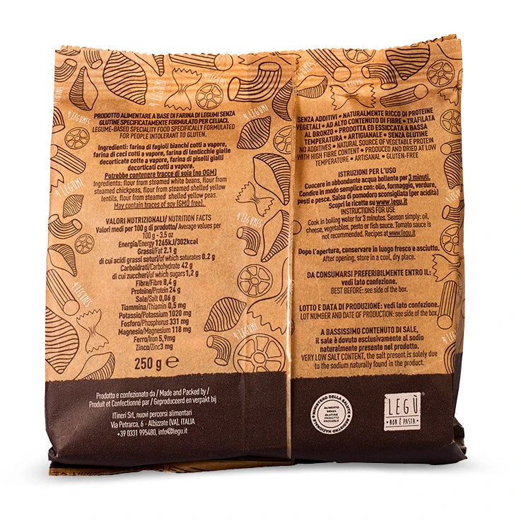 Packaging di LEGÙ Chicche – 4 Legumi senza glutine con ingredienti, valori nutrizionali, ricchi di proteine vegetali.