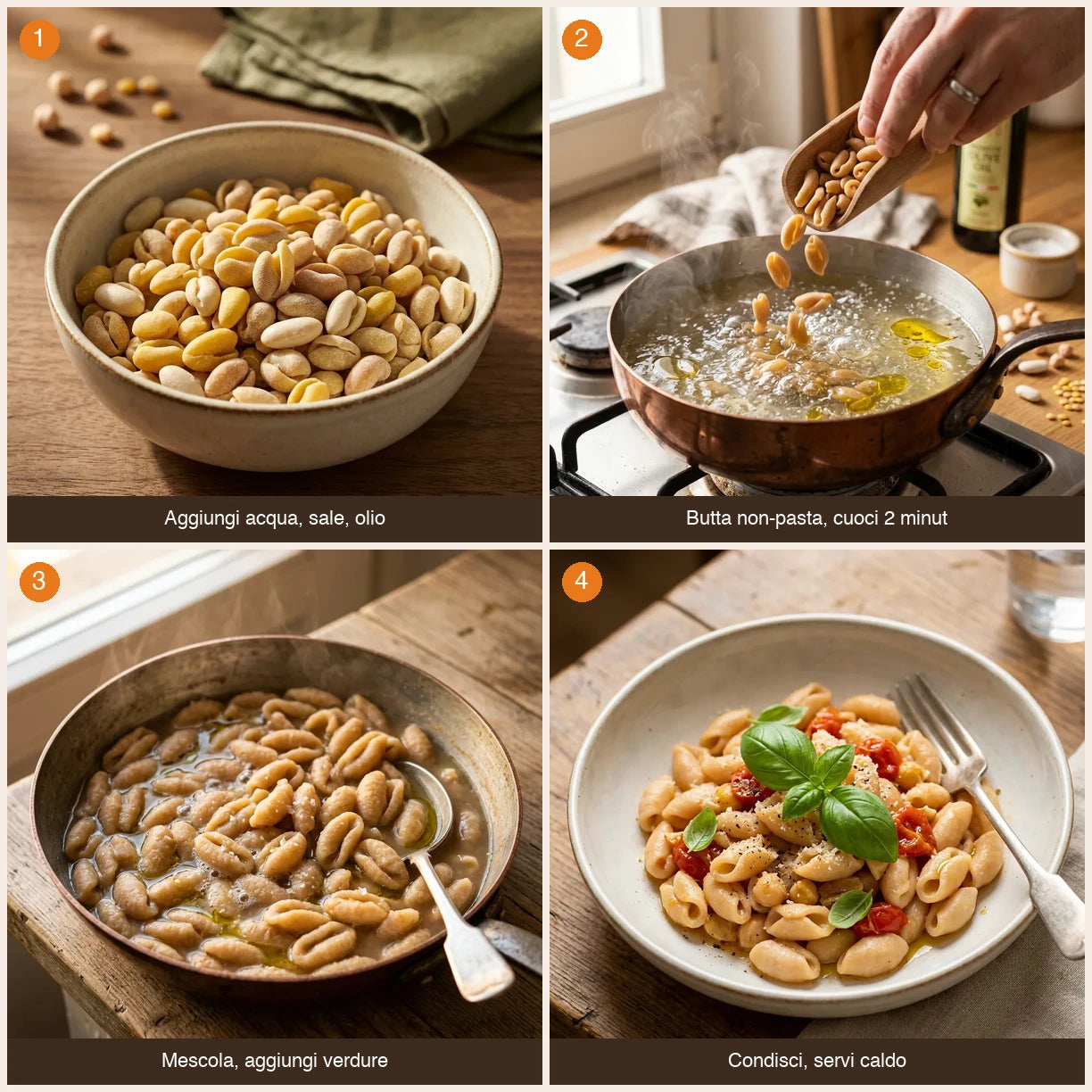 Sequenza preparazione LEGÙ NON è PASTA Chicche – 4 Legumi (fagioli bianchi, ceci, lenticchie gialle, piselli gialli) LEGÙ in 4 passaggi