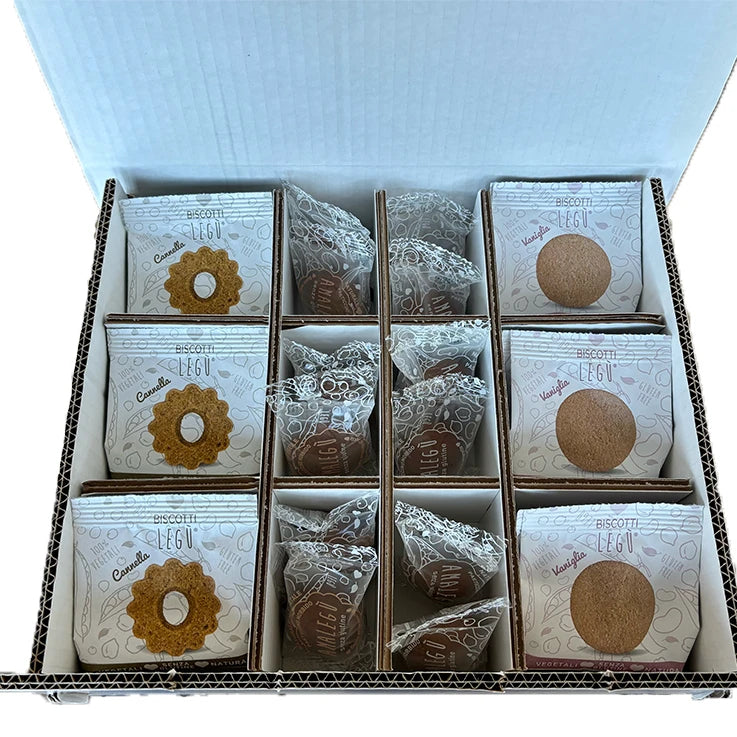 Confezione regalo LEGÙ Biscotti e Pasticcini assortiti, senza glutine e con proteine vegetali da legumi.