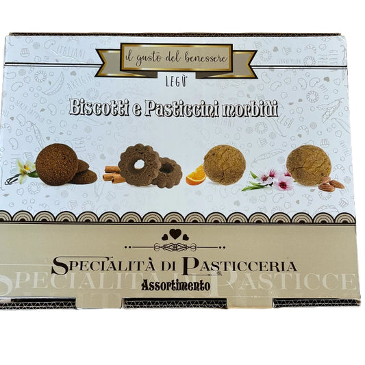 Confezione di LEGÙ Biscotti e Pasticcini morbidi assortiti da legumi, senza glutine, ricchi di proteine vegetali.
