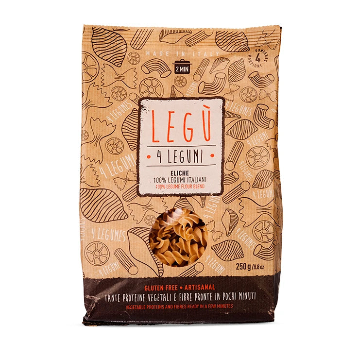 Packaging di LEGÙ "LEGÙ NON è PASTA Eliche – 4 Legumi italiani decorticati", con pasta visibile e indicazioni per 4 porzioni, cottura 2 minuti, 100% legumi, senza glutine e con proteine vegetali.