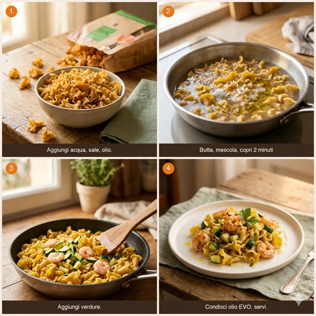 Sequenza preparazione LEGÙ NON è PASTA Gigli BIO – 100% Legumi (lenticchie gialle e ceci) LEGÙ in 4 passaggi