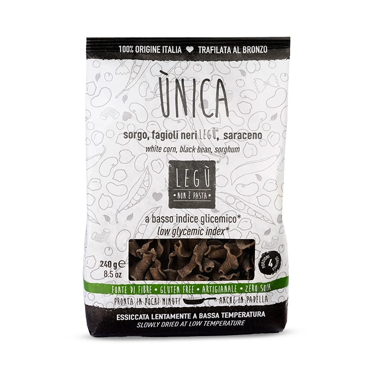 Confezione LEGÙ ÙNICA Gigli con sorgo e fagioli neri, pasta di legumi senza glutine, ricca di fibre e proteine vegetali.
