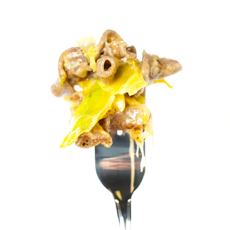 Gigli ÙNICA LEGÙ di sorgo, fagioli neri e saraceno, con cavolo, su una forchetta, pronte per essere gustate.