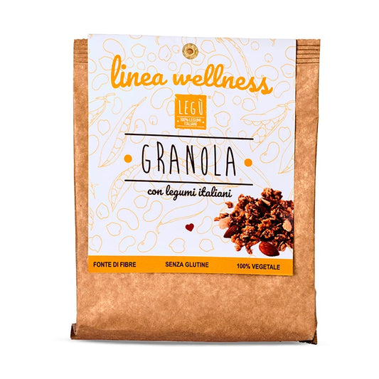 Sacchetto di carta LEGÙ Granola con legumi italiani: cereali e legumi secchi visibili. Fonte di fibre, senza glutine, 100% vegetale per snack salutare.