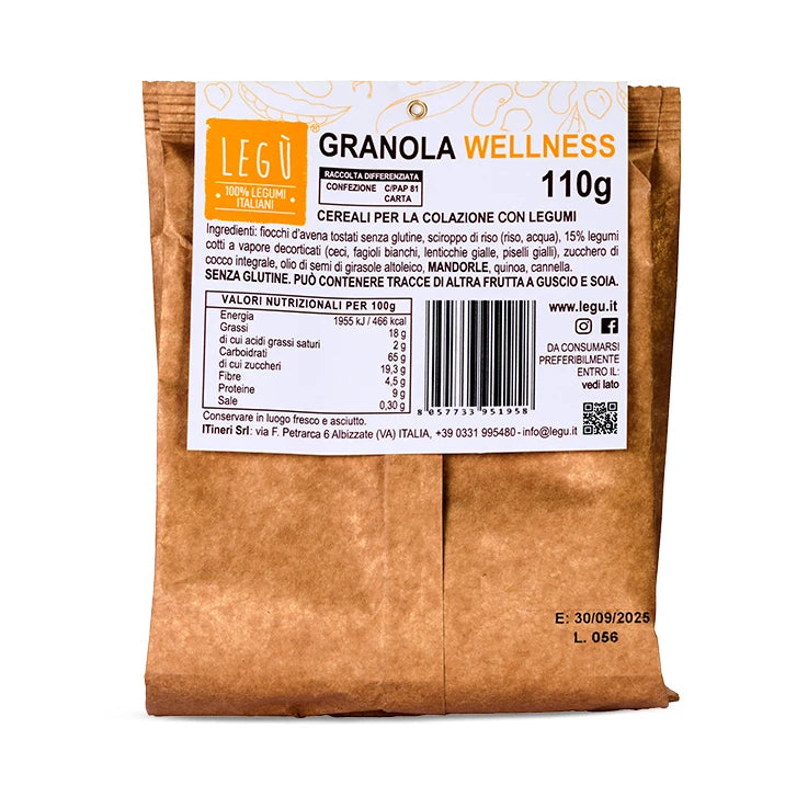Packaging fronte del prodotto LEGÙ Granola Wellness, evidenziando valori nutrizionali, ingredienti con legumi, senza glutine e ad alto contenuto proteico.