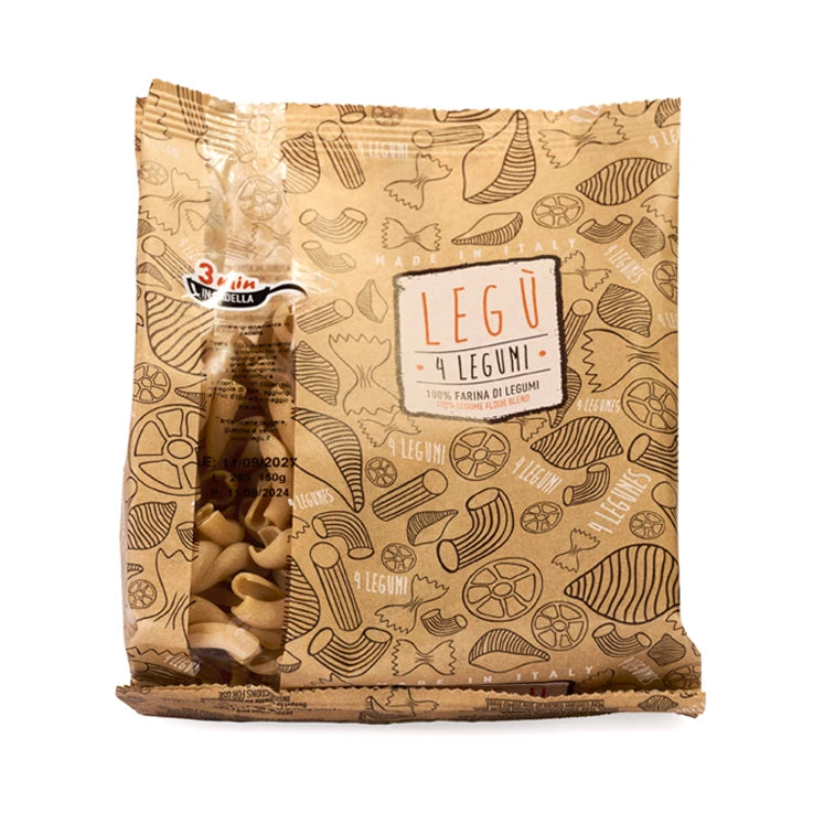 Confezione di LEGÙ Intrecci – 4 Legumi (pasta) con disegno stilizzato di legumi, packaging in kraft, 100% farina di legumi.