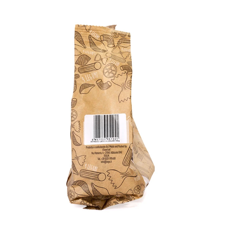 Packaging di LEGÙ Intrecci – 4 Legumi (pasta) in carta kraft con codice a barre e dettagli del produttore.