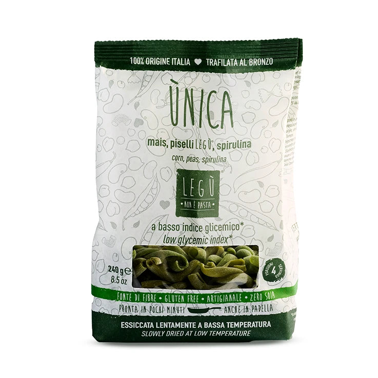 Confezione di LEGÙ ÙNICA Intrecci mais, piselli e spirulina, pasta di legumi dal basso indice glicemico, senza glutine e ad alto apporto proteico.