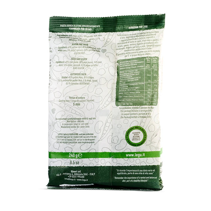 Dettaglio posteriore della confezione di pasta LEGÙ Intrecci Ùnica senza glutine, ricca di proteine vegetali da mais e piselli.