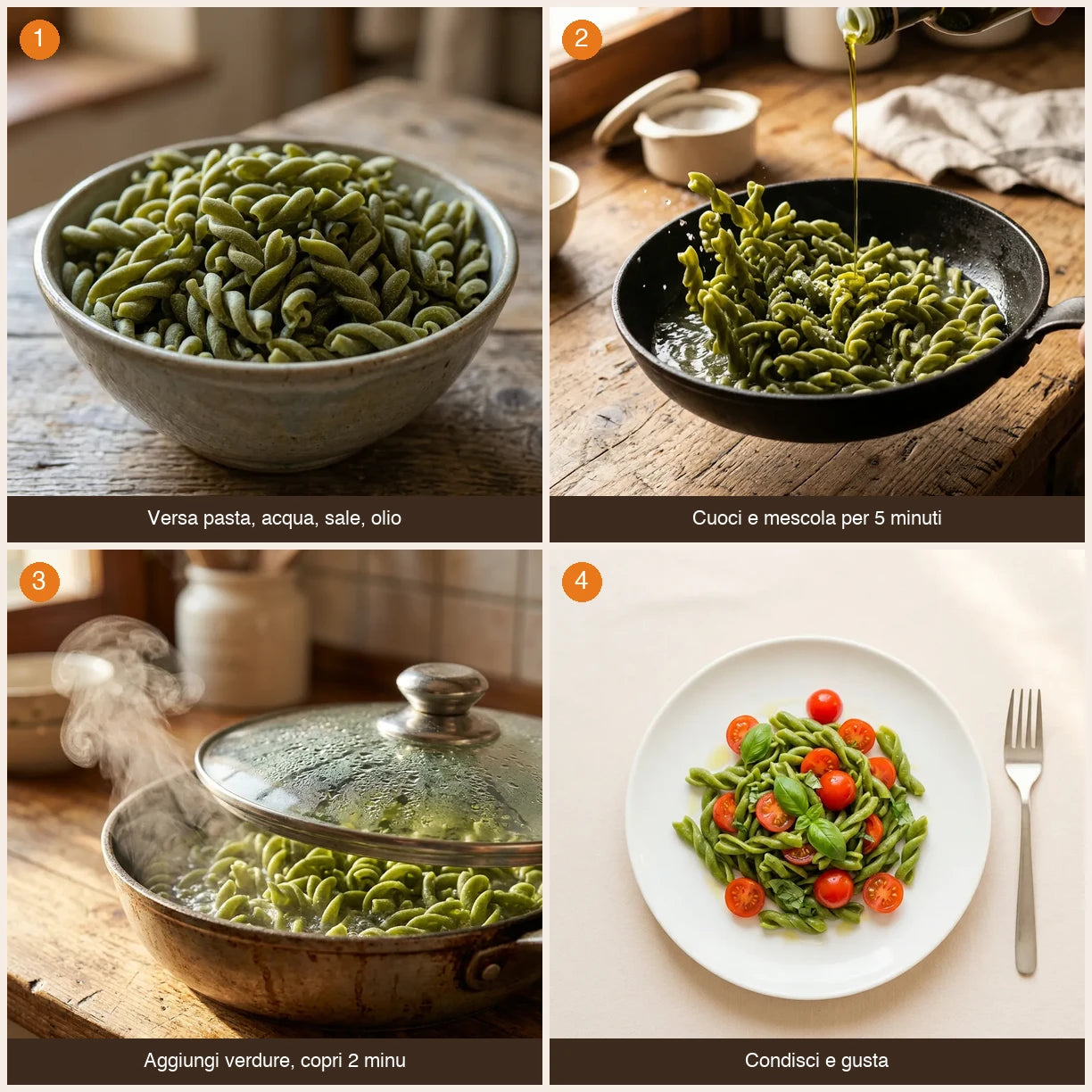 Sequenza preparazione Intrecci ÙNICA – Mais, Piselli e Spirulina 100% italiani LEGÙ in 4 passaggi