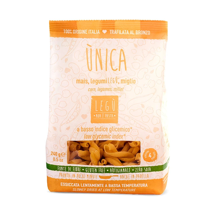 LEGÙ Intrecci ÙNICA: package di pasta di mais, legumi e miglio senza glutine, ricca di proteine vegetali per 4 porzioni.