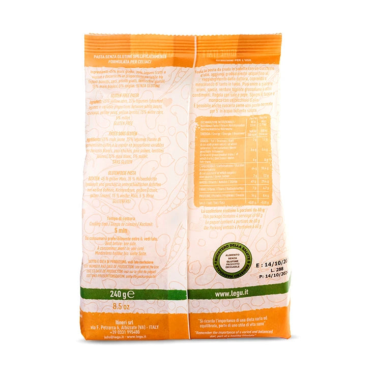Packaging di LEGÙ Intrecci ÙNICA - Mais, Legumi e Miglio, pasta senza glutine e con proteine vegetali.