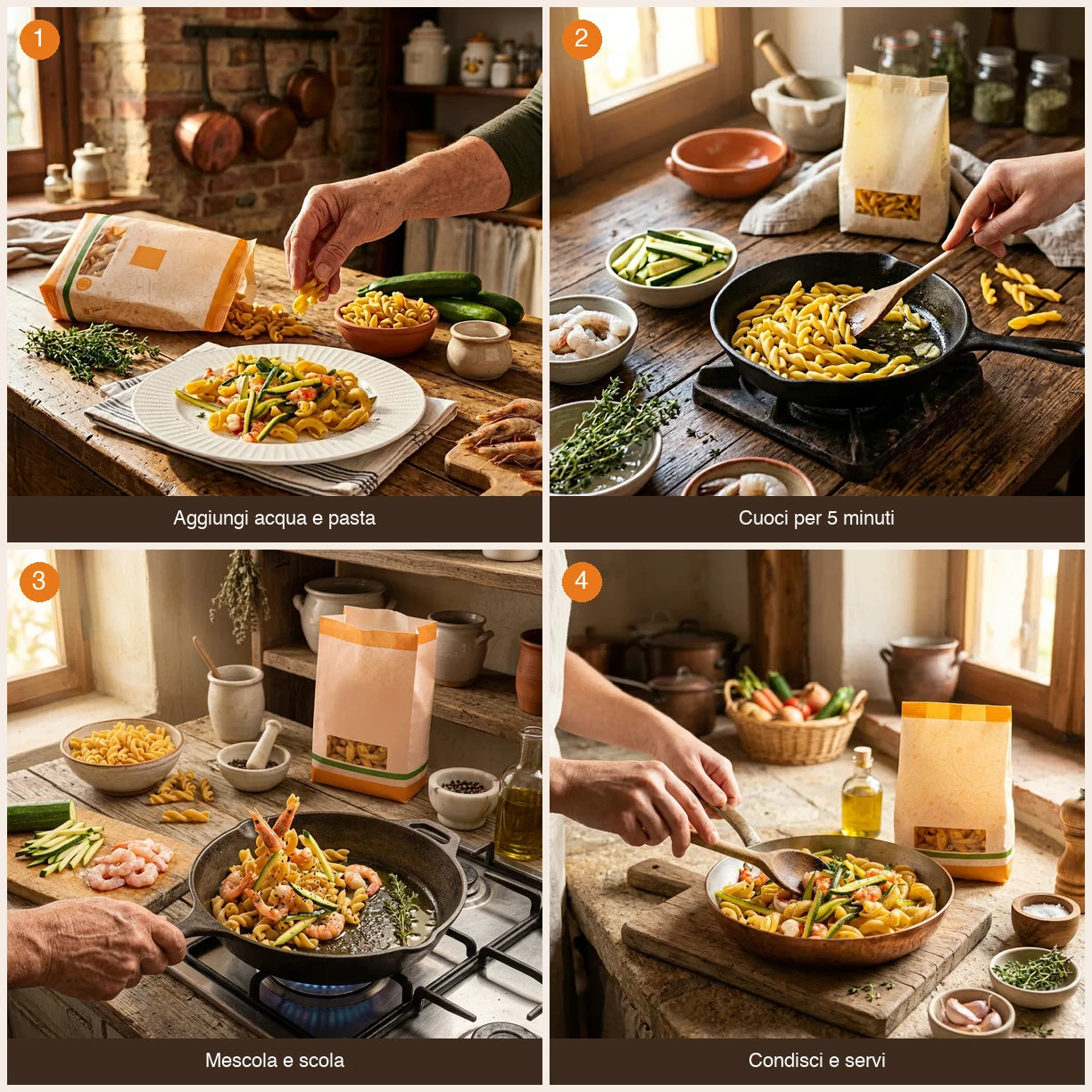 Sequenza preparazione Intrecci ÙNICA – Mais, Legumi e Miglio LEGÙ in 4 passaggi