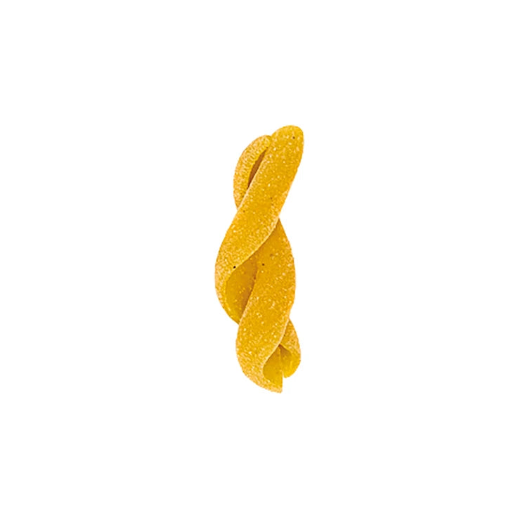LEGÙ Intrecci ÙNICA: pasta di mais, legumi e miglio senza glutine. Un intreccio giallo di pasta, vista dall'alto, su sfondo bianco.