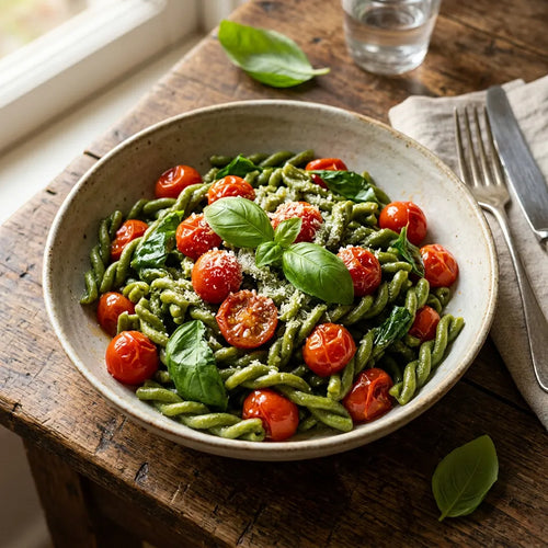 Intrecci con pomodorini freschi e basilico