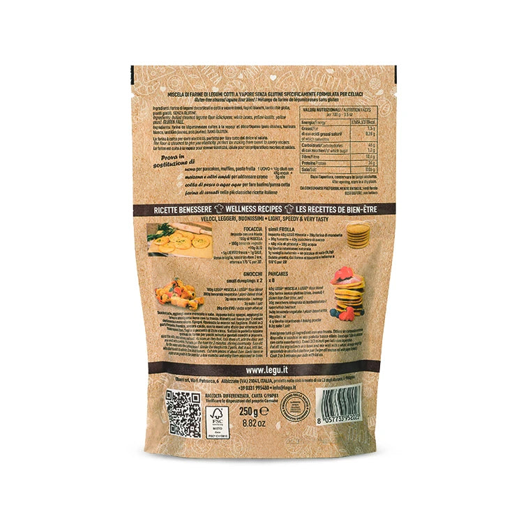 Confezione posteriore di LEGÙ Miscela di Farine di Legumi cotti, senza glutine, con ricette e valori nutrizionali, 250g.