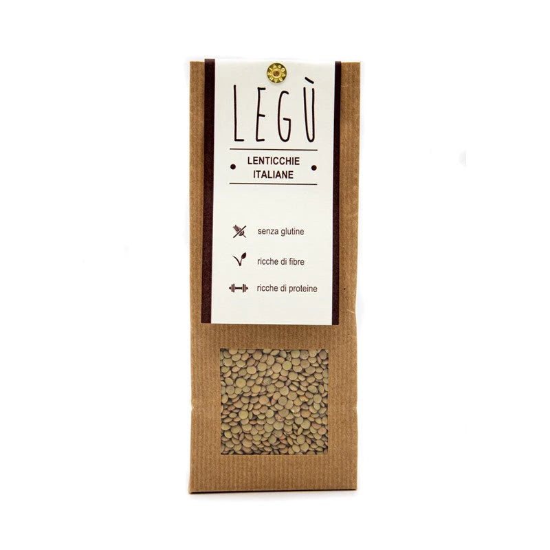 Confezione LEGÙ Lenticchie Italiane senza glutine. Packaging di cartone con finestra che mostra i legumi, ricchi di fibre e proteine vegetali.