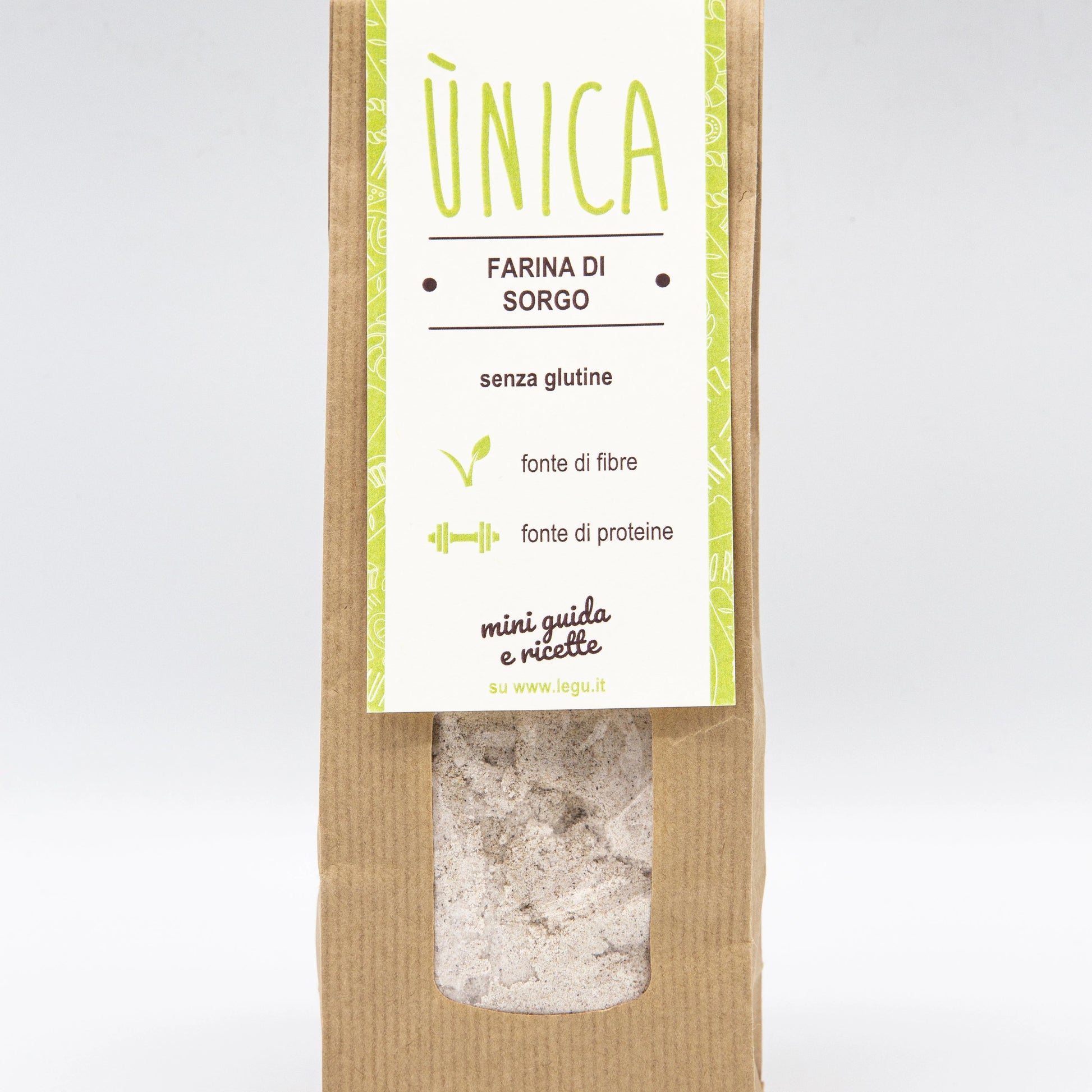 Packaging LEGÙ Farina di Sorgo UNICA, 250g. Senza glutine, fonte di fibre e proteine vegetali essenziali per la tua dieta.