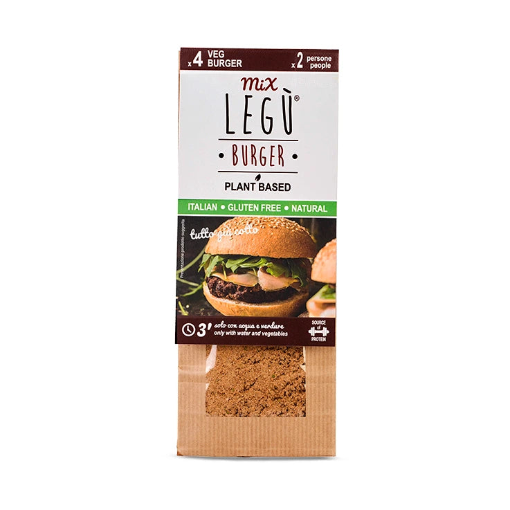 Packaging mix LEGÙ Burger: 4 burger plant based da legumi, senza glutine, fonte di proteine vegetali.