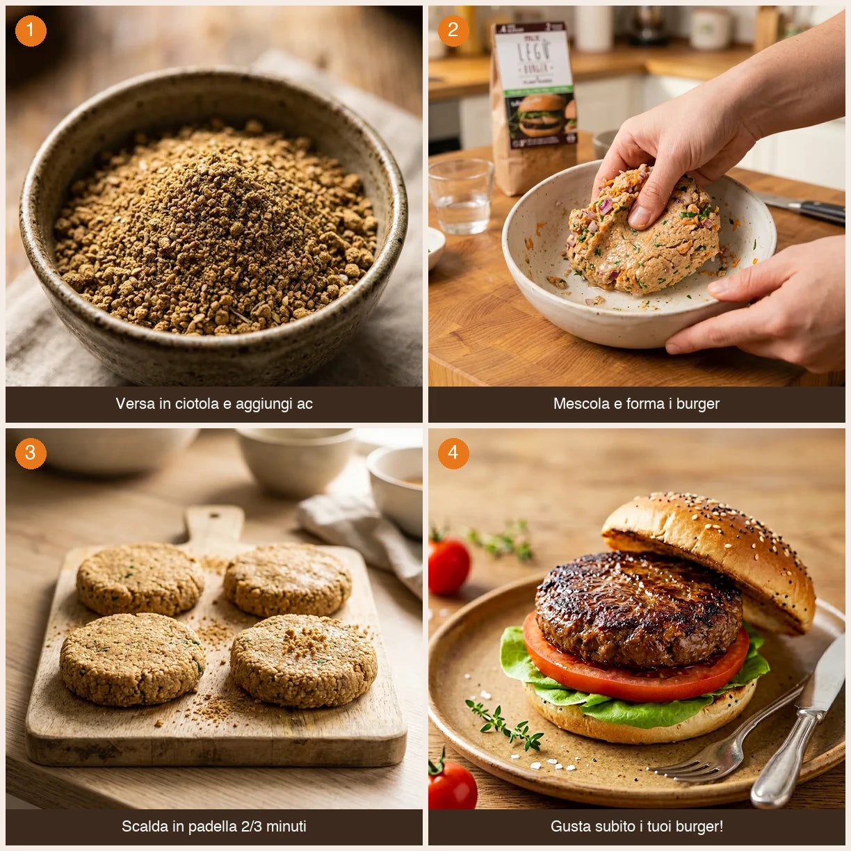 Sequenza preparazione Mix Burger LEGÙ in 4 passaggi