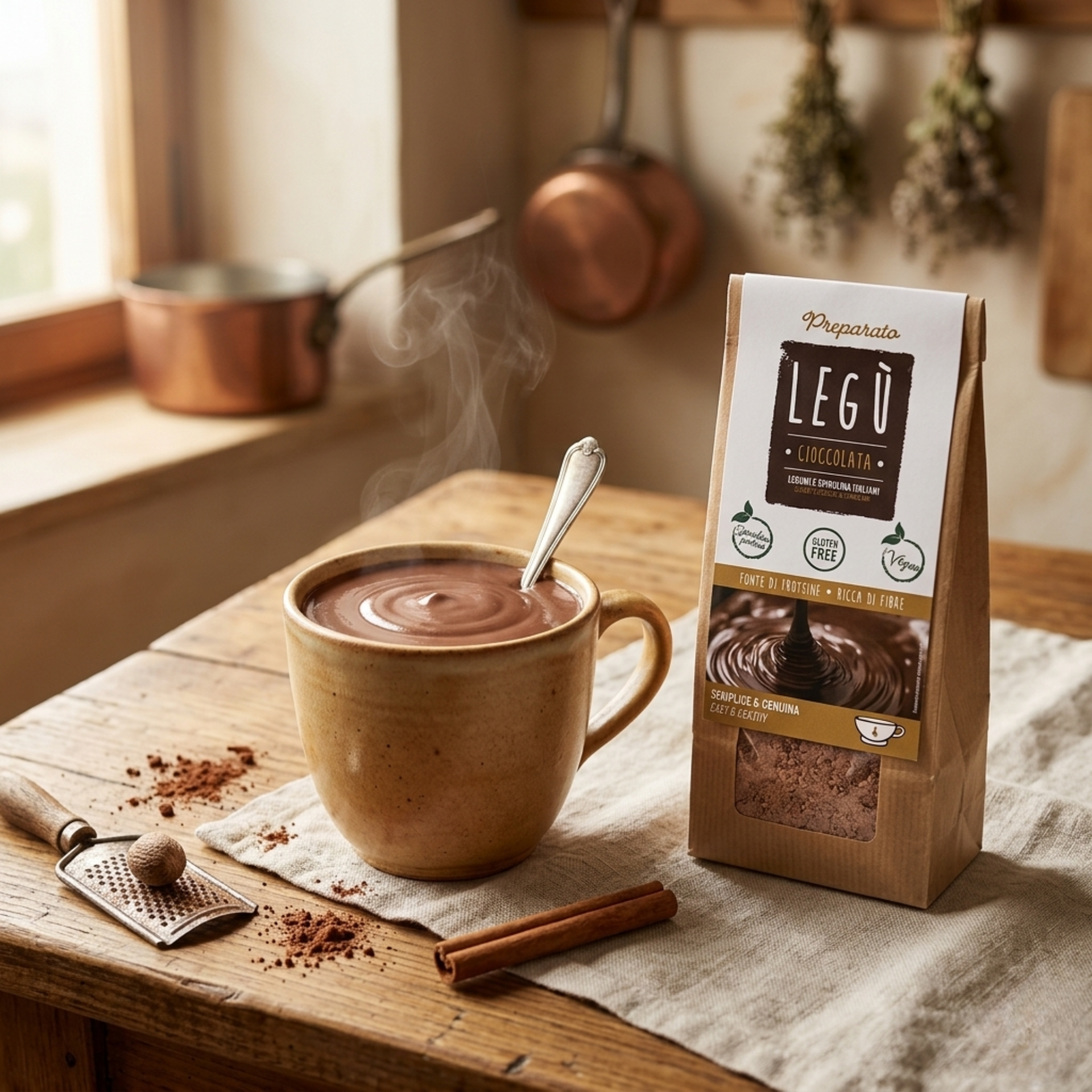 Legù Chocolate Mix with packet and steaming mug of creamy hot chocolate on wooden table