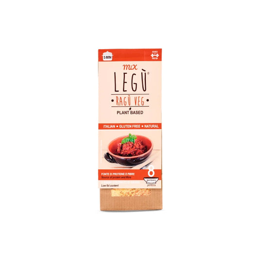 Packaging LEGÙ "Ragù Veg" plant based, senza glutine, con legumi. Mostra il prodotto e una ciotola di ragù con fonte di proteine vegetali.