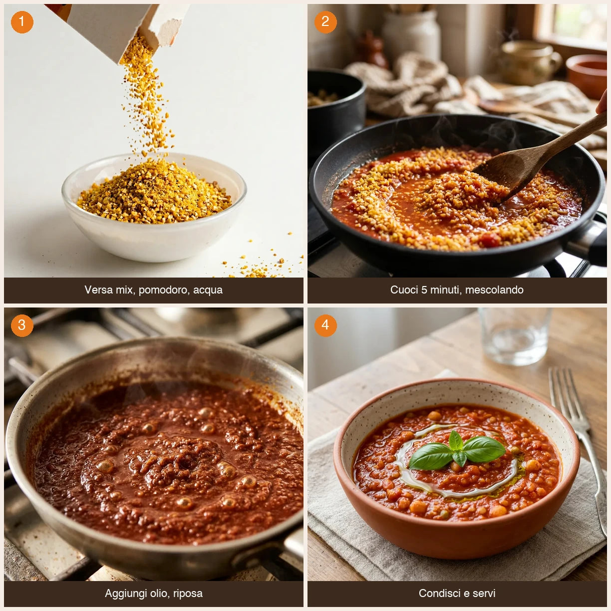 Sequenza preparazione Ragù Veg LEGÙ in 4 passaggi