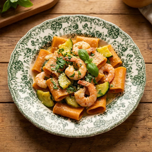 Paccheri risottati con gamberi e zucchine
