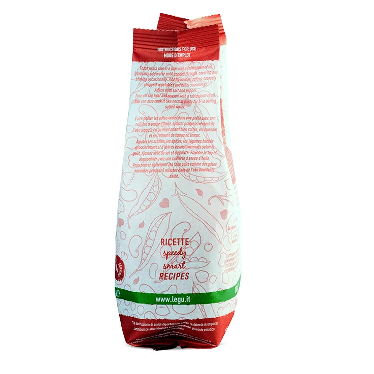 Packaging Legù "Paccheri ÙNICA" (Mais Giallo, Lenticchie Rosse, Pomodoro) con istruzioni d'uso, per ricette smart a base di legumi e senza glutine.