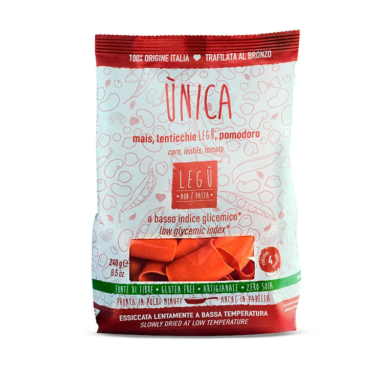 Packaging LEGÙ Paccheri UNICA, mais, lenticchie rosse e pomodoro. Pasta di legumi senza glutine, ricca di proteine vegetali.