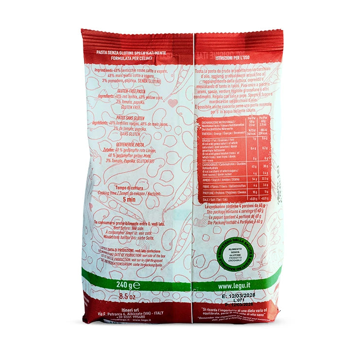 Confezione sul retro di LEGÙ Paccheri N° 5, pasta di legumi senza glutine con mais giallo, lenticchie rosse e pomodoro. Visibili valori nutrizionali, ingredienti e istruzioni di cottura.