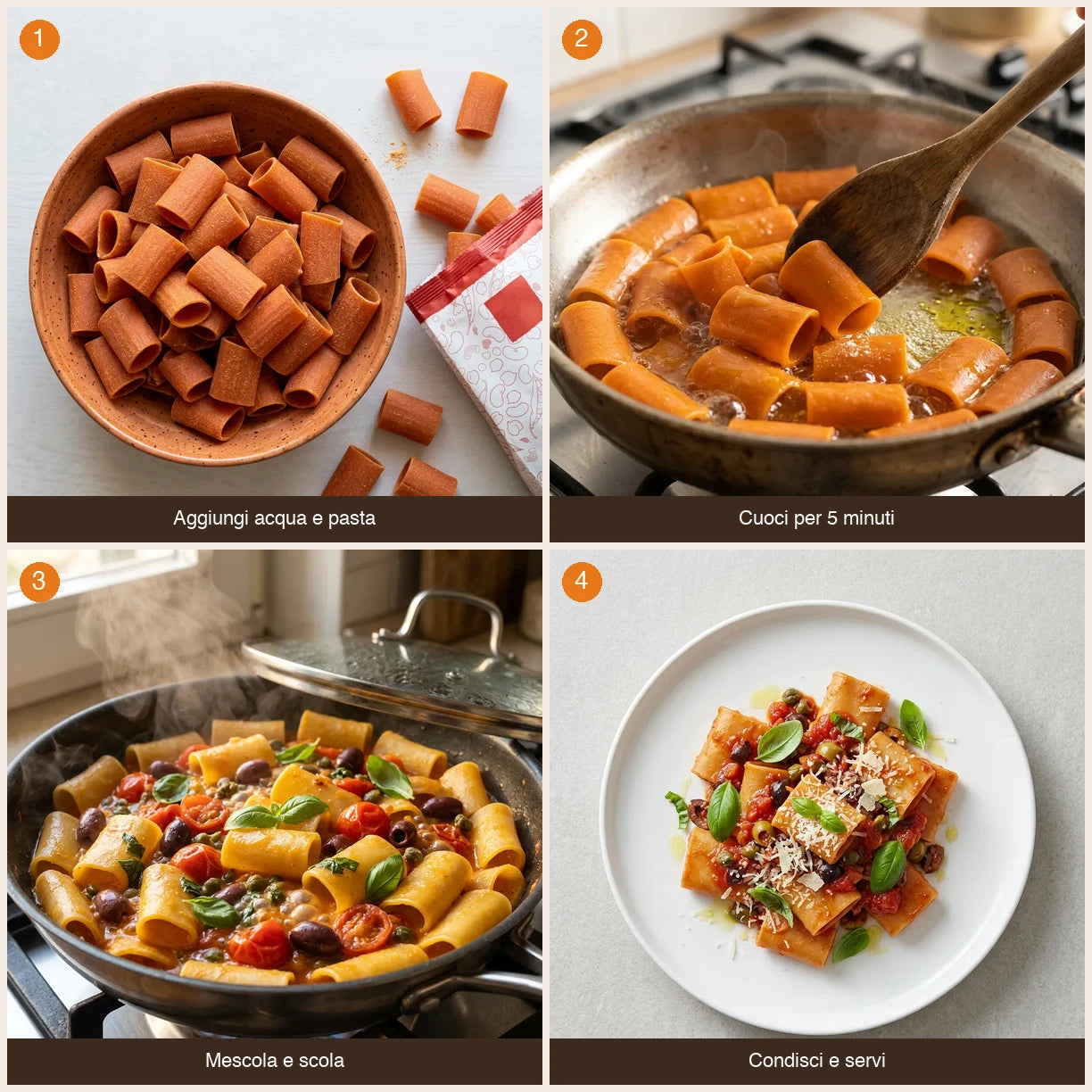 Sequenza preparazione Paccheri ÙNICA – Mais Giallo, Lenticchie Rosse e Pomodoro LEGÙ in 4 passaggi