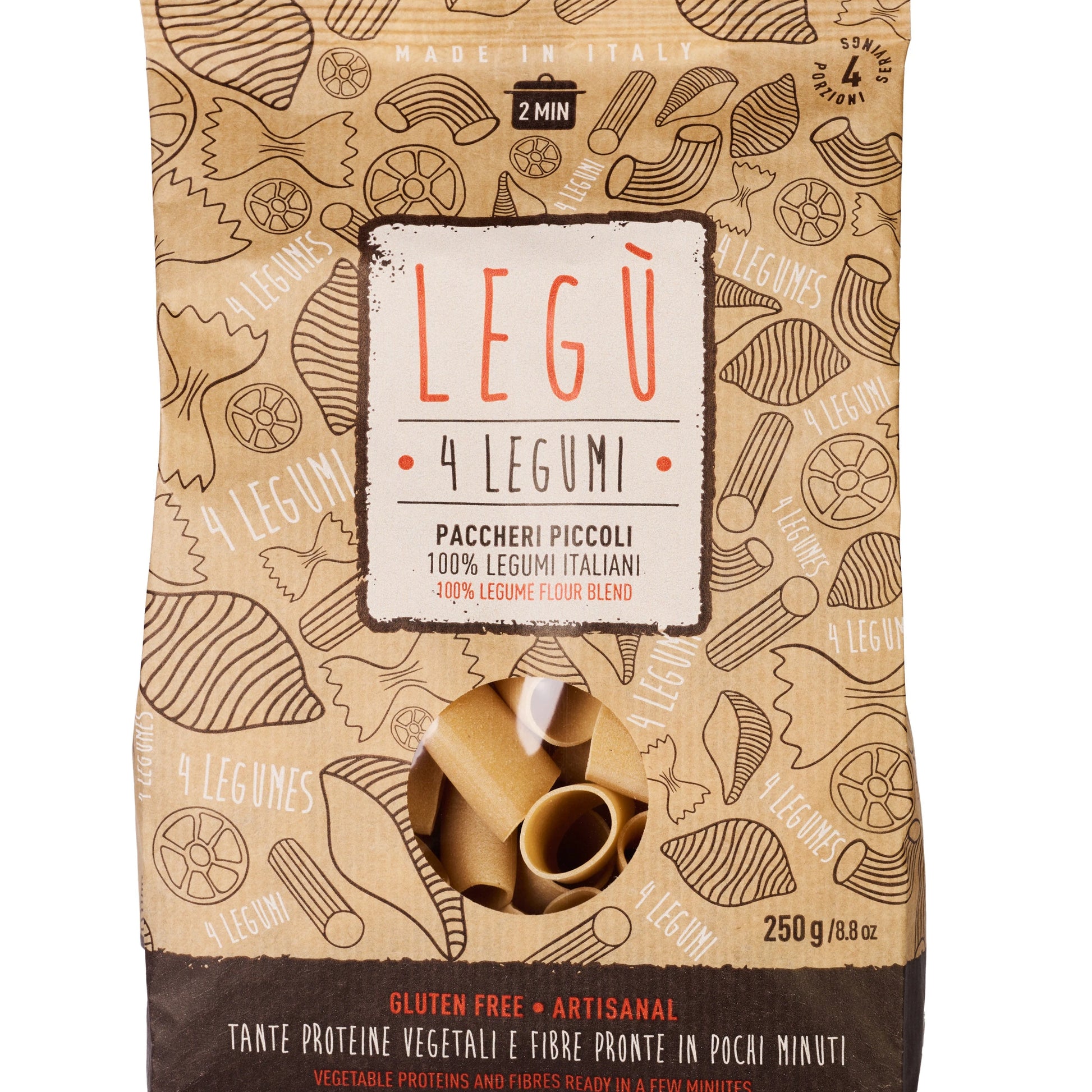 Confezione di LEGÙ Paccheri Piccoli 4 Legumi senza glutine in primo piano, con finestra trasparente e dettagli sul fronte di proteine vegetali.